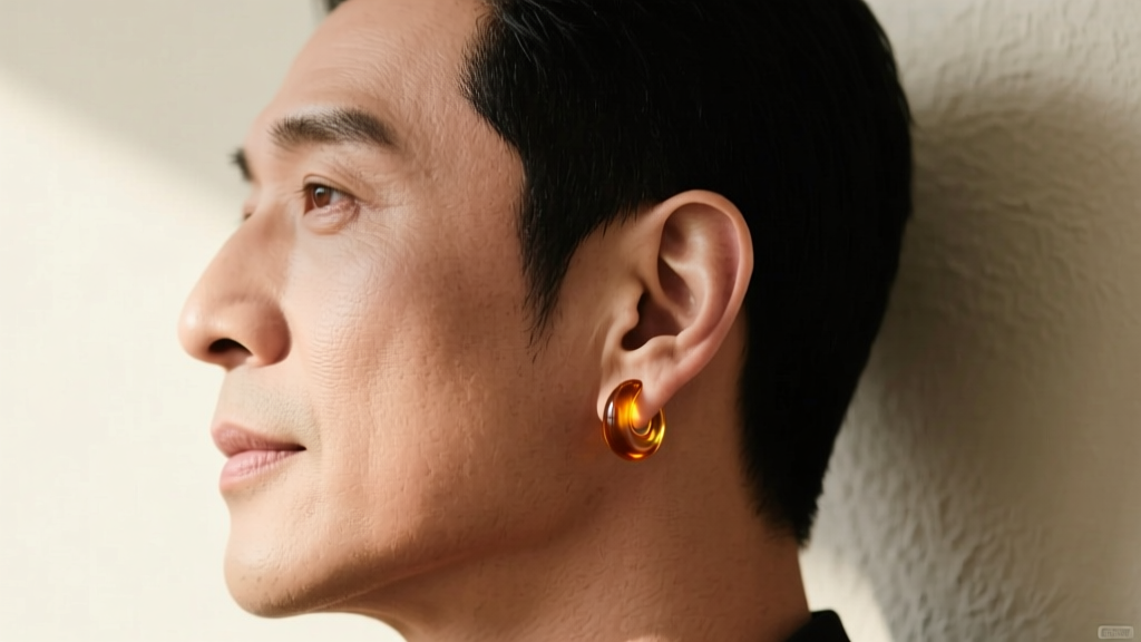 Side profile of a man showing a single stretched earlobe wearing a lightweight 8-gauge glass plug with a subtle amber tint