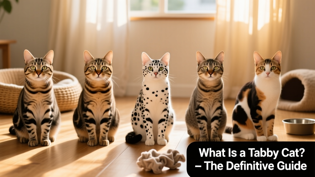 Side-by-side comparison showing the five tabby patterns: mackerel, classic, spotted, ticked, and patched—with clear visual distinctions