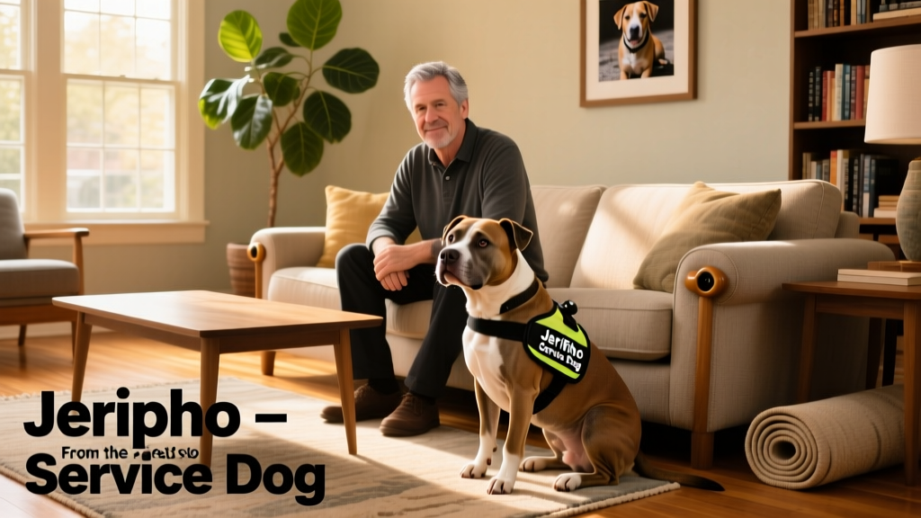 Matthew Smith sitting beside Jericho, a calm and focused Pit Bull, in a sunlit living room with accessible furniture