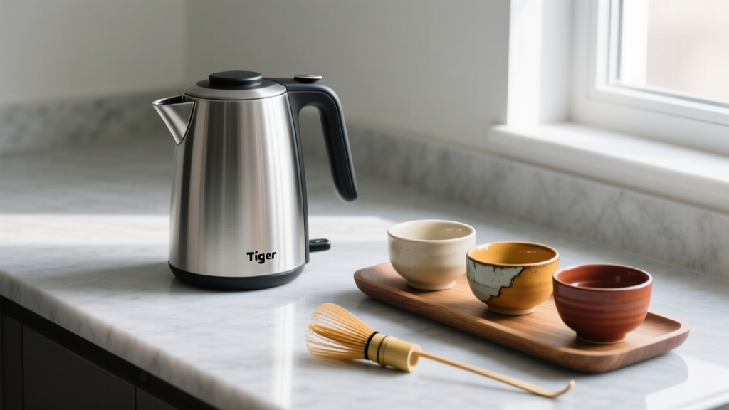Tiger VE hybrid water boiler on a quartz countertop next to a wooden tray holding ceramic matcha bowls and a bamboo whisk