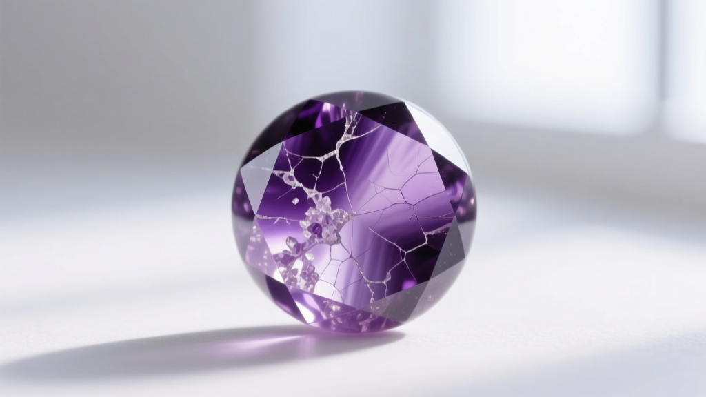 Macro shot of a 10mm amethyst bead showing color zoning and tiny inclusions against a softly blurred white studio background.