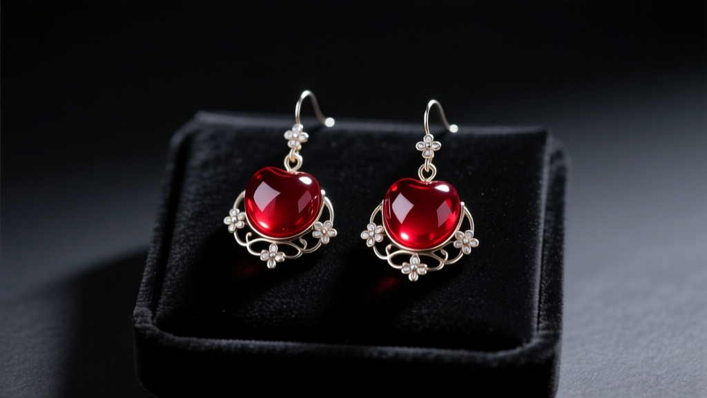 Dark red cherry drop anime cosplay earrings resting on a black velvet display pad under dramatic, moody studio lighting.