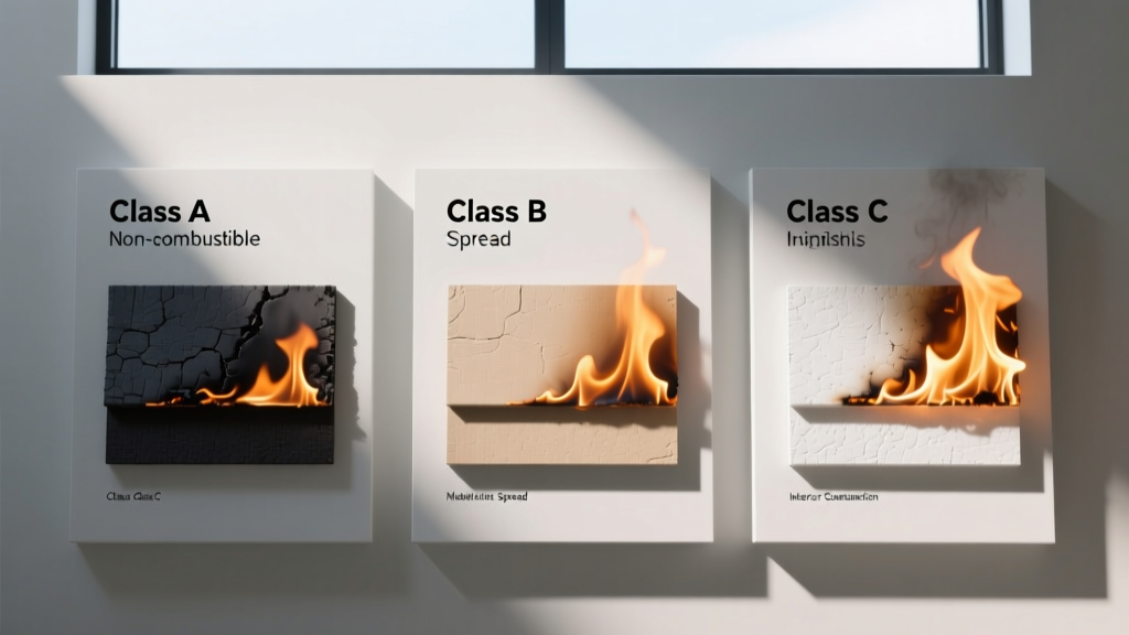 Comparison chart displaying Class A, B, and C surface burning characteristics for interior construction finishes.