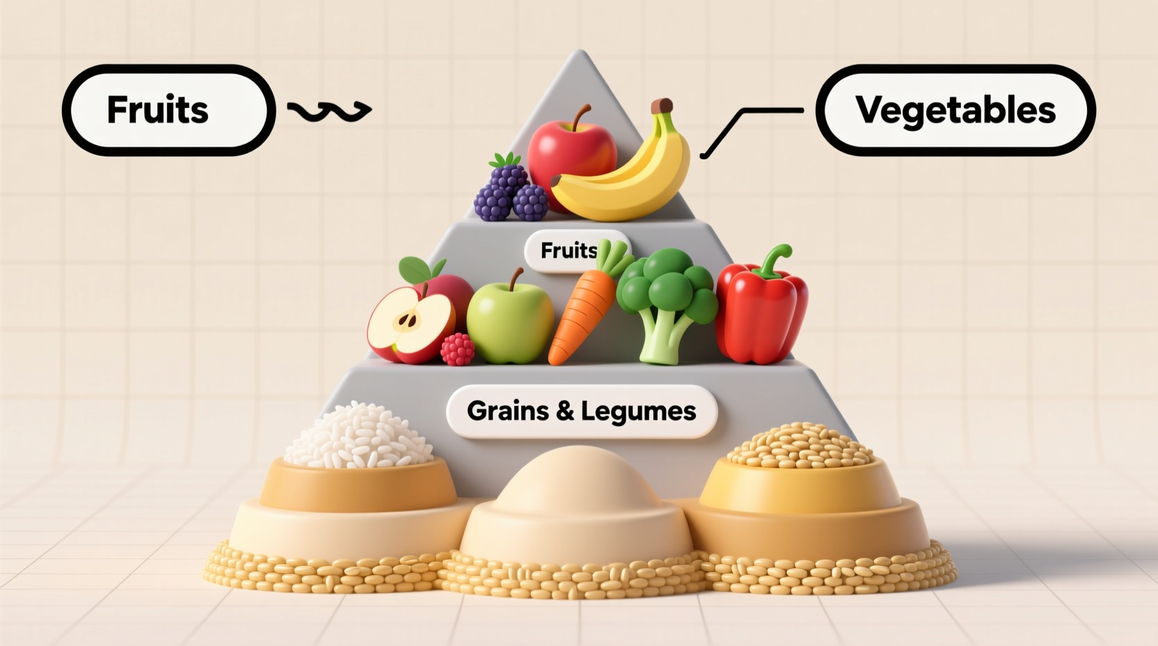 Gluten-free food pyramid with rice, quinoa, fruits and vegetables