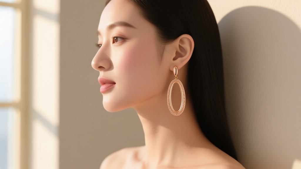 Side profile of a woman wearing elongated 14k rose gold oval drop earrings, designed to flatter round faces in soft natural light.