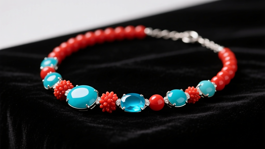 Turquoise and red coral necklace on dark velvet, highlighting polished blue cabochons, deep red beads, and silver accents.