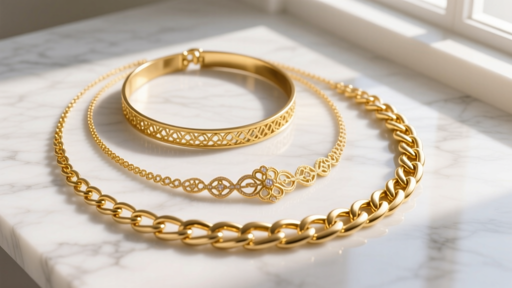 Flat lay styling showing a 16-inch choker, 18-inch princess, and 24-inch gold queen necklace layered on a white marble surface.