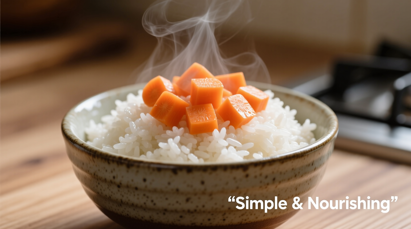 Bowl of boiled white rice with steamed carrots