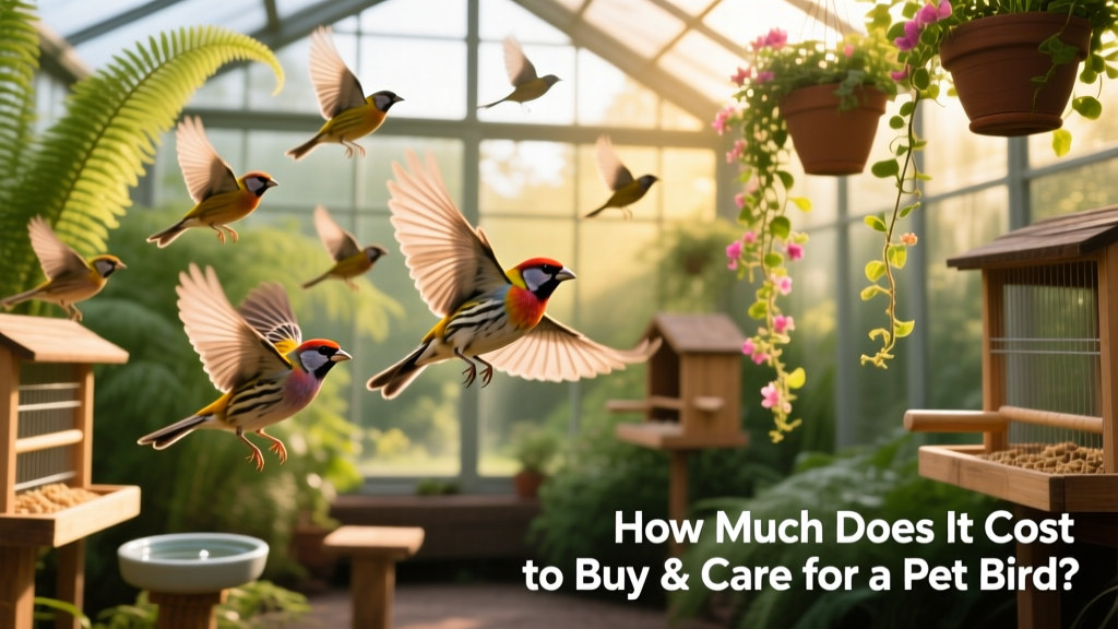 A lively group of finches flying together in a spacious, plant-filled aviary