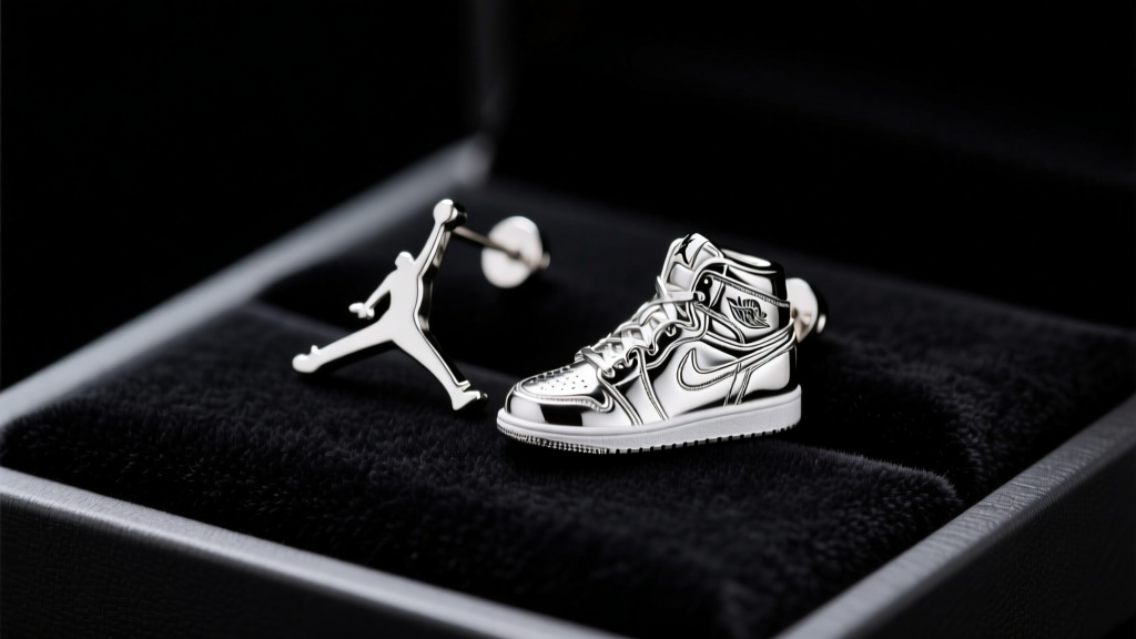 Close-up of metallic silver Air Jordan 1 sneaker charm earrings resting on a black velvet display pad under bright studio lighting