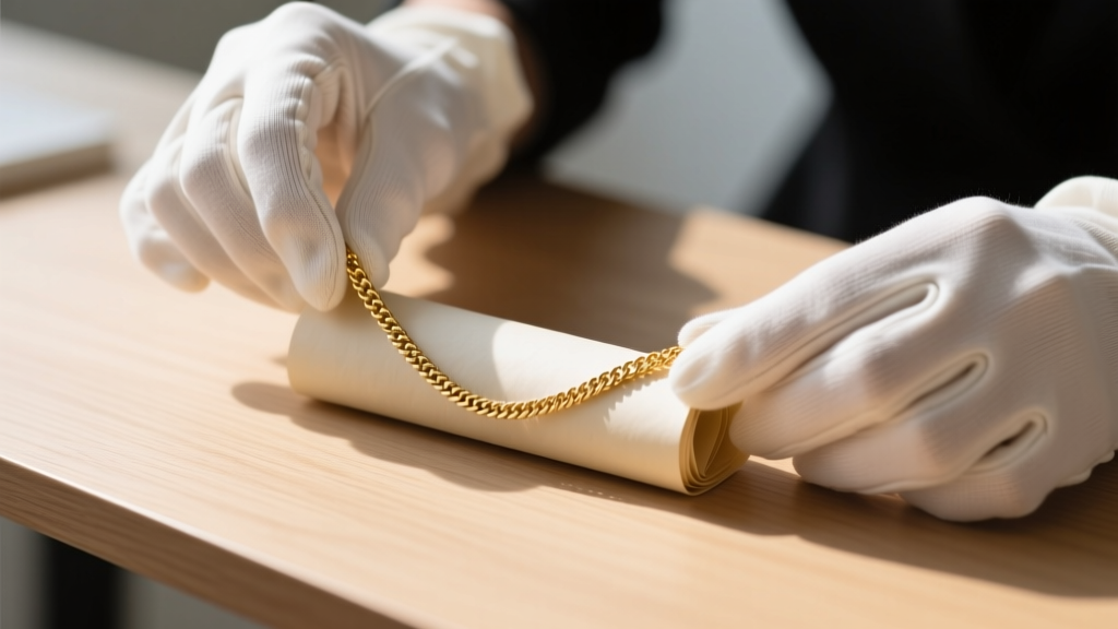 Cotton-gloved hands placing a delicate 18k gold snake chain into an acid-free archival tissue paper roll on a clean wooden desk