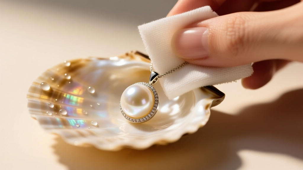 Hands wiping a white Akoya pearl and shell pendant with a damp microfiber cloth under warm, focused studio lighting
