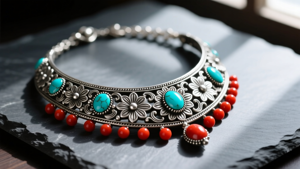 Ornate antique Nepali silver necklace with repoussé floral motifs, turquoise cabochons, and red coral beads resting on dark slate