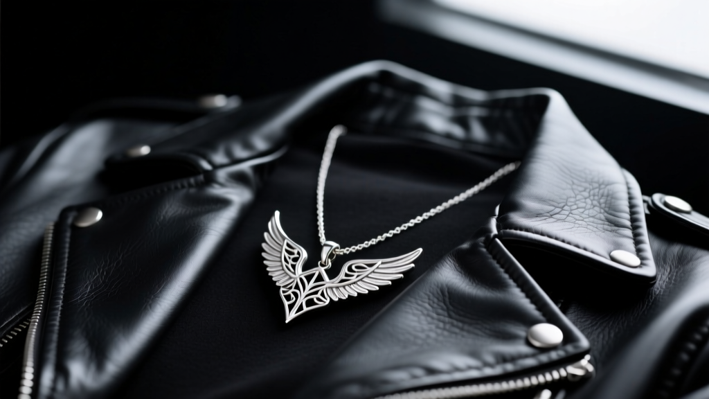 Sterling silver Wings of Freedom necklace on a dark leather jacket, soft lighting highlighting the intricate metal details.