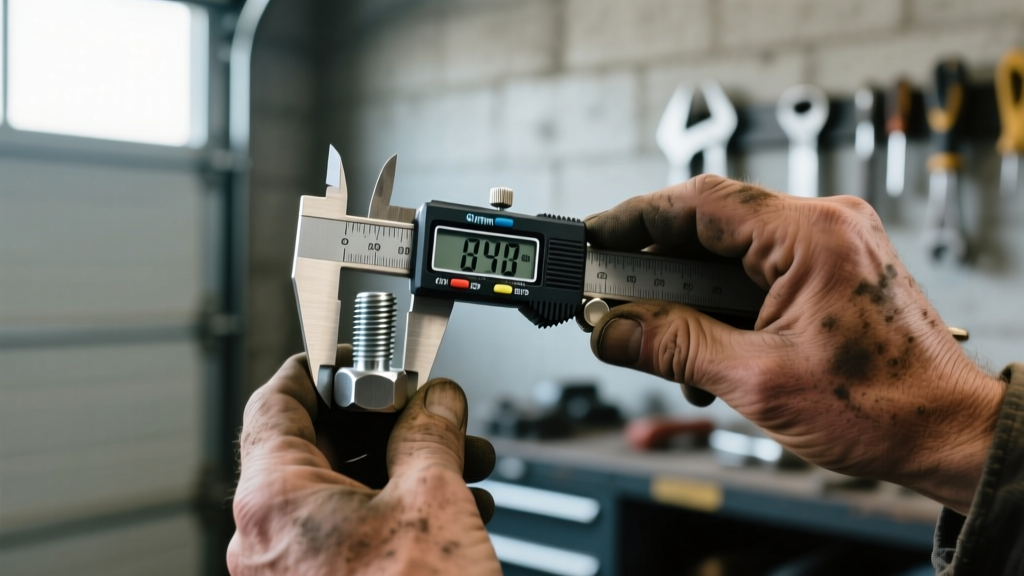 Close-up of a mechanic hands using a digital caliper to measure the thread pitch on a stainless steel hex bolt