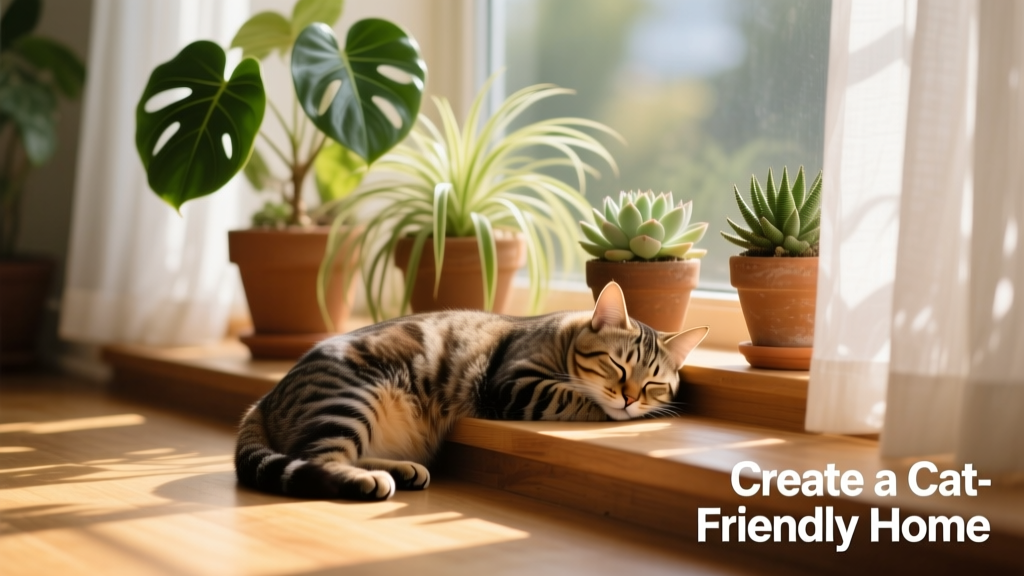 A cat peacefully napping on a sunny windowsill with potted plants nearby