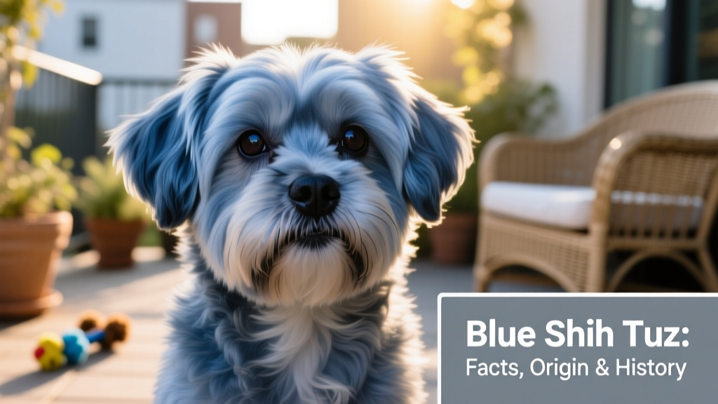 Close-up portrait of a healthy adult blue Shih Tzu with glossy, well-maintained coat, alert expression, and dark pigment around eyes and nose
