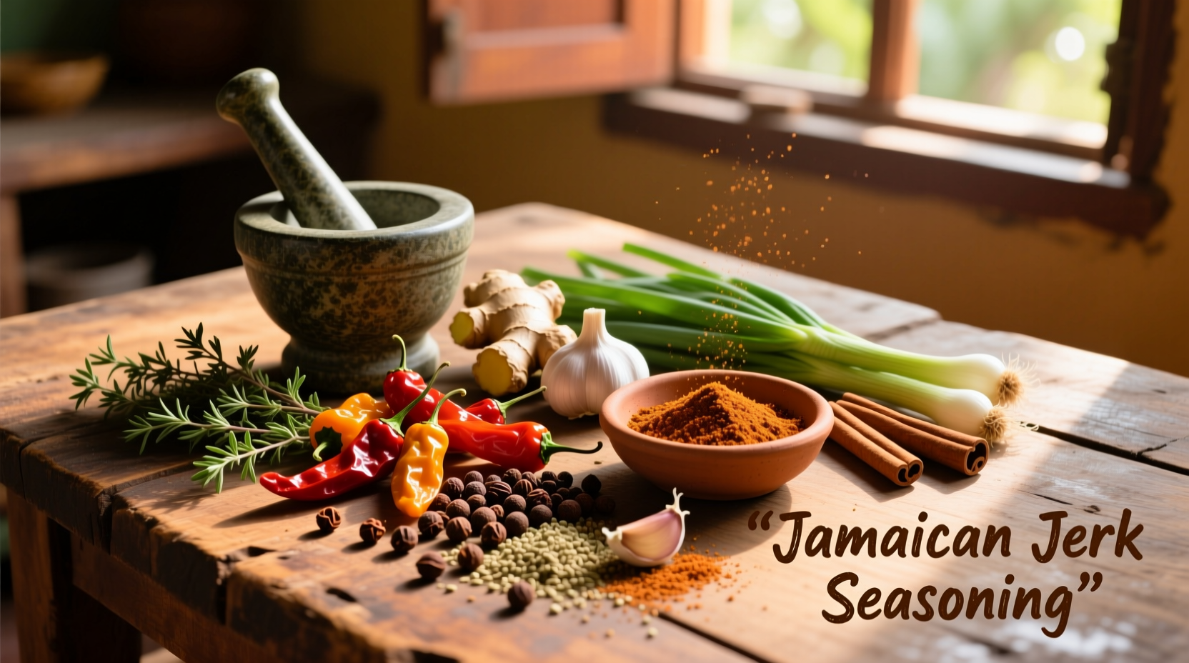Traditional Jamaican jerk spice ingredients on wooden table