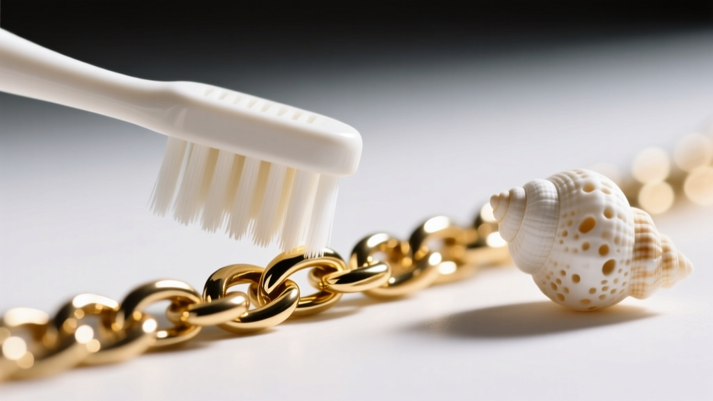 Macro shot of a soft toothbrush gently scrubbing a 14k gold chain while carefully avoiding an adjacent porous white seashell bead