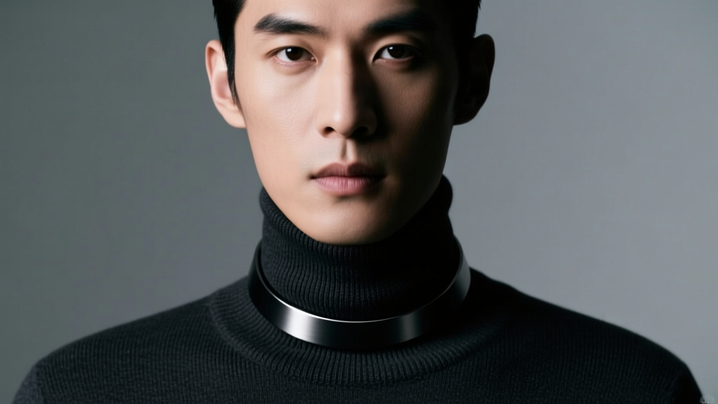 Close-up of a man wearing a minimalist 6mm matte black titanium choker necklace over a dark turtleneck, moody studio lighting