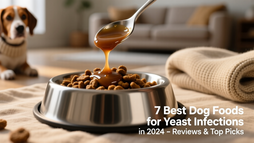 Small portion of FurPetVo Sensitive Skin & Ear Care wet topper drizzled over kibble in a stainless steel bowl