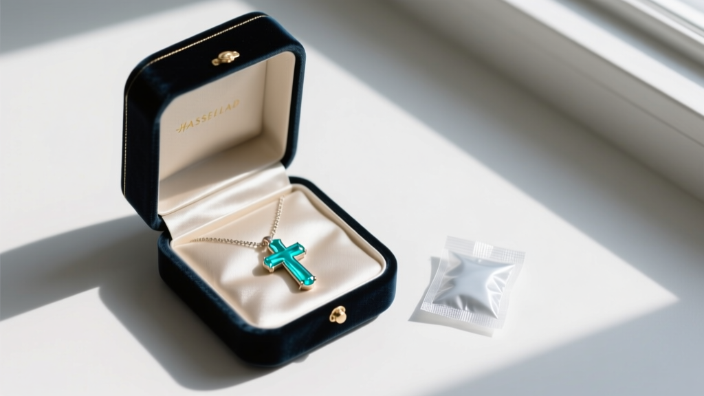 Velvet box showing a turquoise cross necklace and a silica gel packet, shot from above in soft natural lighting.