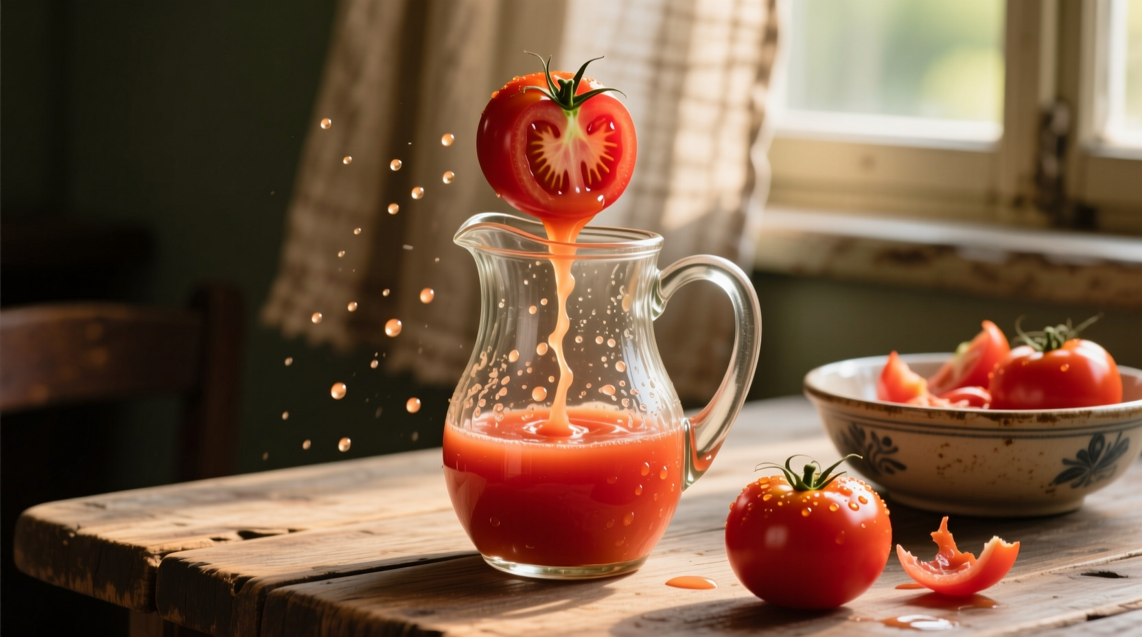 Fresh tomatoes being juiced in vintage glass pitcher