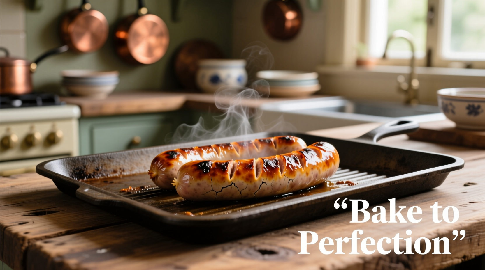 Oven-baked bratwurst on a baking sheet