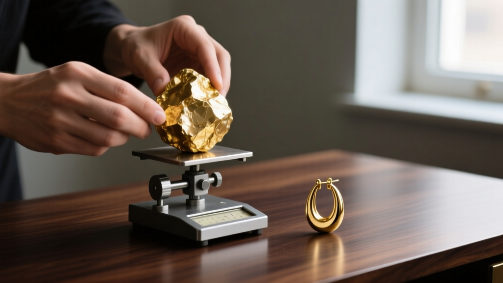 Jewelers scale weighing a natural placer gold nugget next to a cast earring, highlighting density differences on a dark wood desk.
