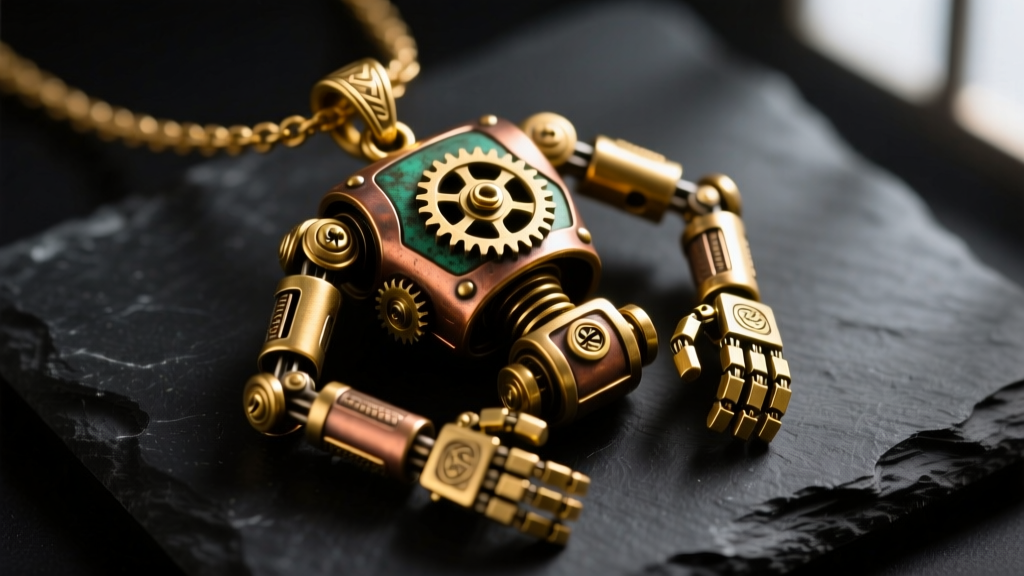 Macro shot of a steampunk brass robot necklace pendant with articulated arms on dark slate under dramatic studio lighting.