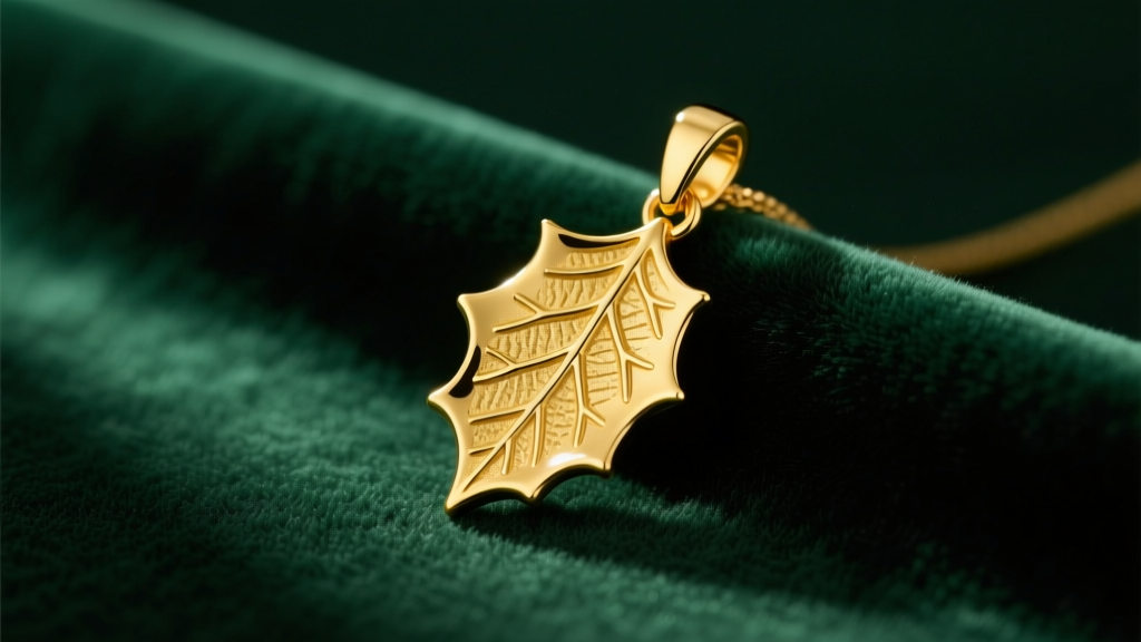 14k solid yellow gold holly leaf pendant on dark green velvet, showing intricate vein engravings under soft studio lighting.