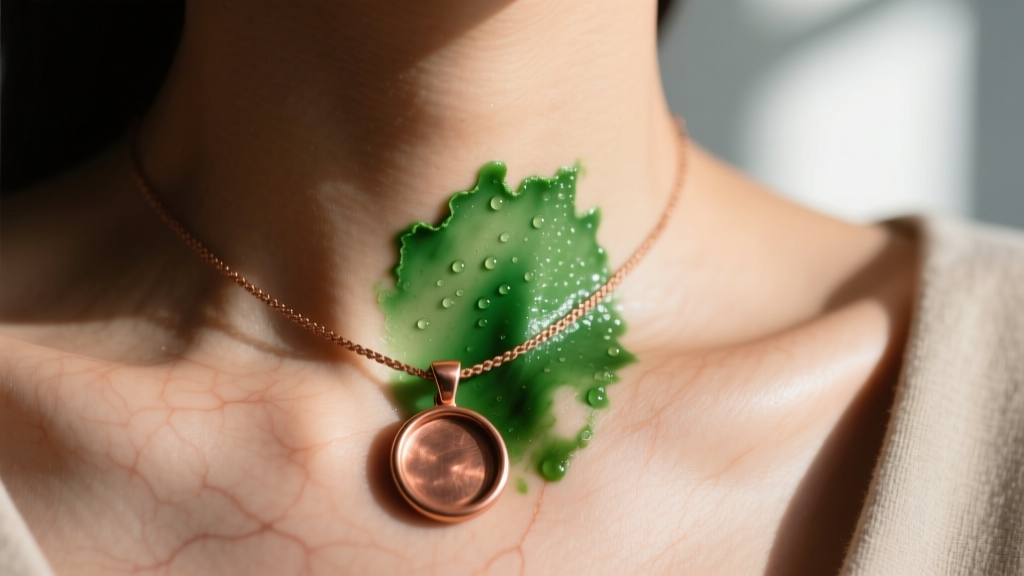 Macro shot of a green skin stain on a collarbone caused by a copper-heavy brass pendant reacting with natural sweat and body oils.