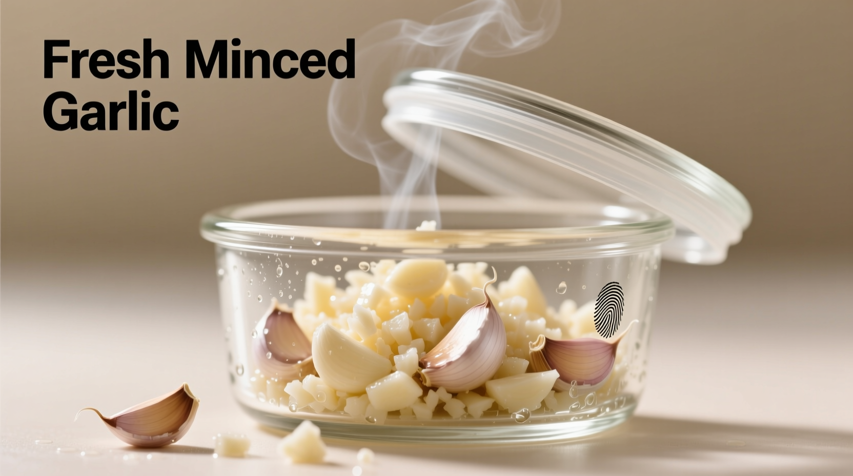Fresh minced garlic in glass container with lid