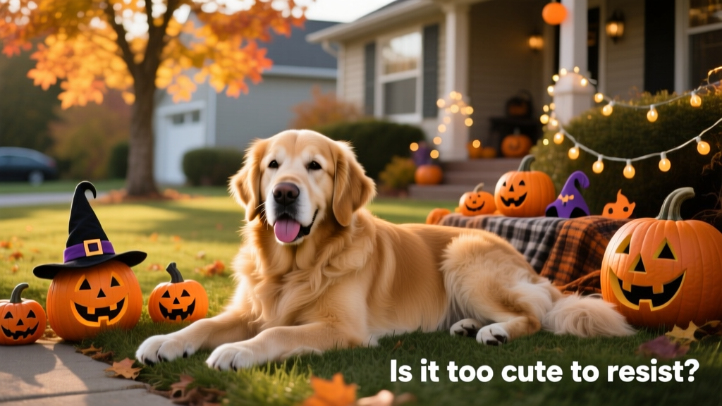 Golden Retriever relaxing beside a decorated front yard, head resting on paws, looking content and unbothered