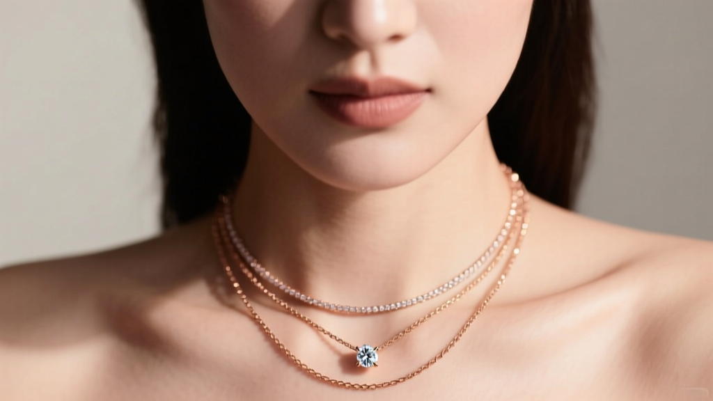 Close-up of a woman wearing a layered 14k rose gold necklace with a small diamond solitaire under soft studio lighting