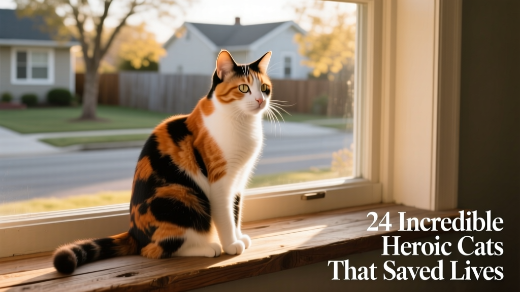 A confident calico cat sitting upright on a windowsill, gazing outward with focused expression
