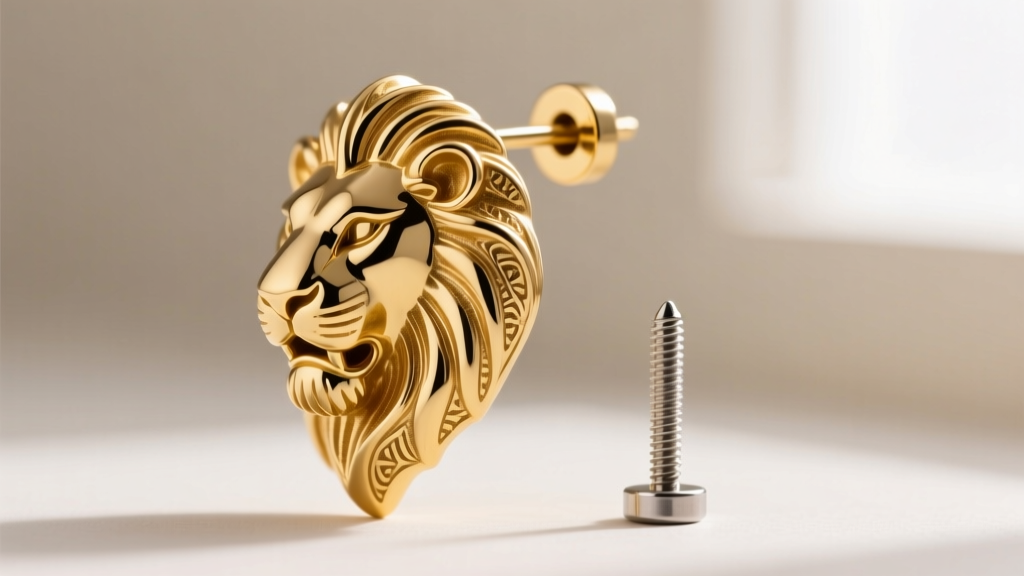 Side profile of a heavy gold lion dangle earring with a secure screw-back mechanism next to a standard 20-gauge earring post