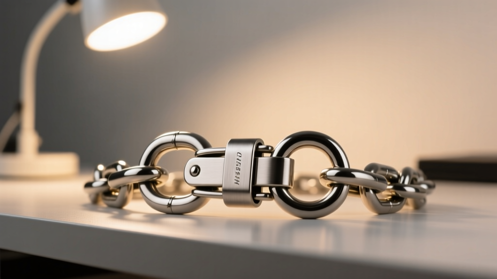 Desk showing a steel lobster clasp attached to a thick chain using two soldered jump rings under a bright, warm desk lamp