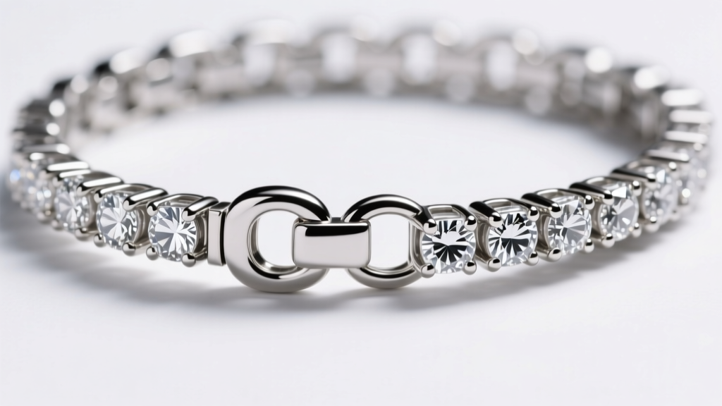 Macro shot of a platinum tennis jewelry bracelet clasp and diamond links showing prong tension under bright studio lighting