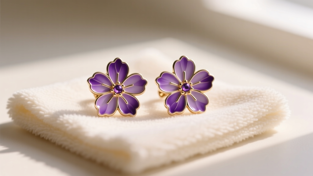 Close-up of delicate purple enamel flower earrings resting on a soft microfiber cleaning cloth, illuminated by warm natural light