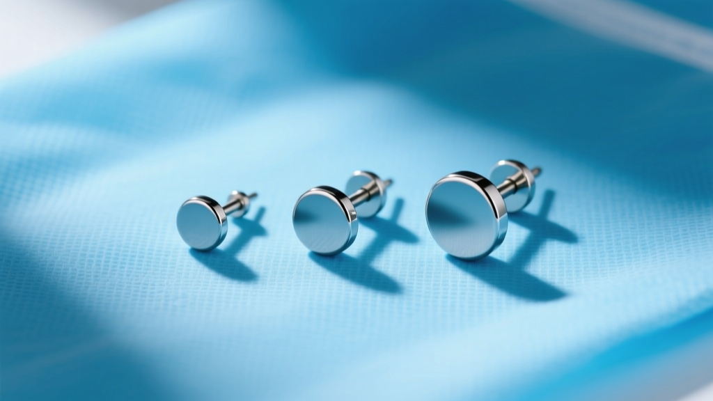Three titanium flat back labret earrings in varying sizes resting on a sterile blue medical drape, shot from a top-down view.