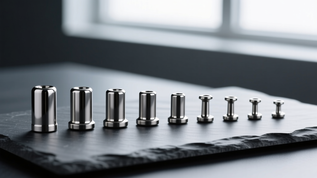 Neat row of implant-grade titanium single-flare plugs in varying earring plug sizes from 8g to 00g resting on dark slate surface.