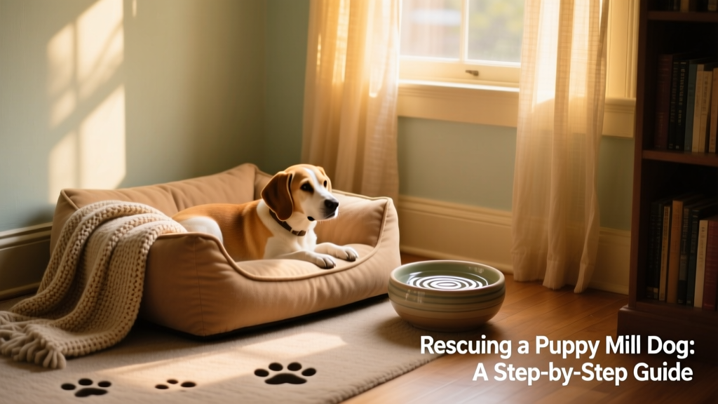A softly lit corner with a dog bed, blanket, and water bowl—calm and inviting
