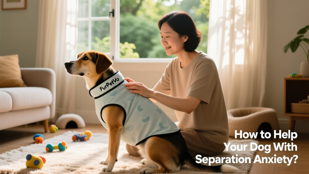 A person gently placing a FurPetVo calming shirt on their dog while both are calm and relaxed