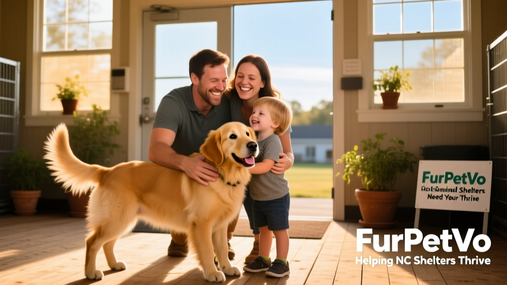 A joyful family meeting their newly adopted dog at a FurPetVo partner shelter in North Carolina