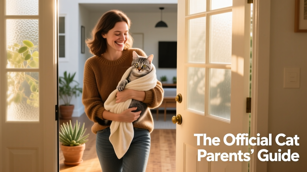 A smiling person cradling a calm kitten wrapped in a soft towel, stepping through their front door