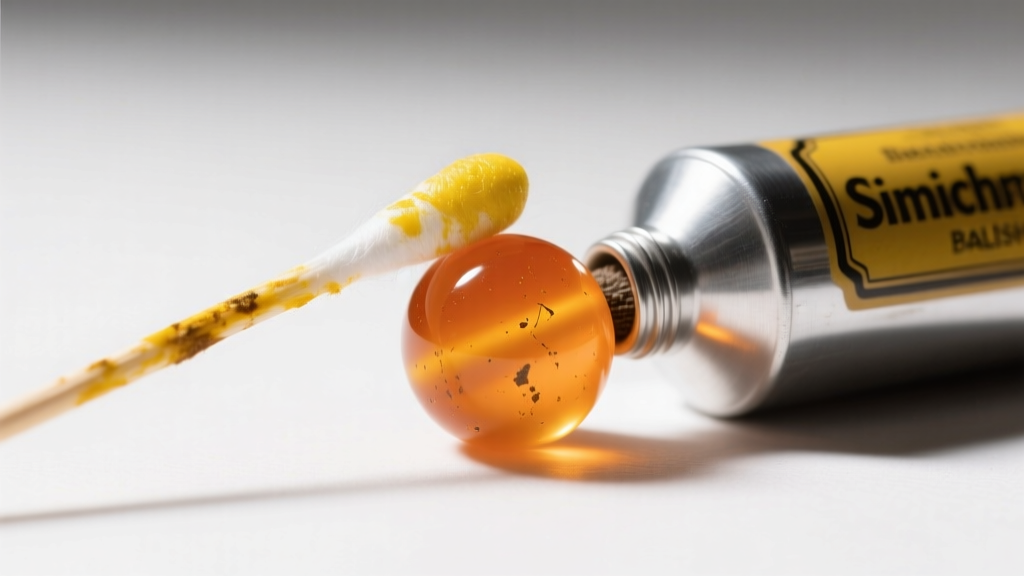 Cotton swab with yellow Simichrome stain after testing a translucent orange Bakelite bead, placed next to a silver polishing tube.