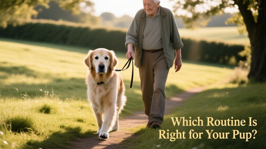 Senior golden retriever walking calmly on a grassy path beside their owner