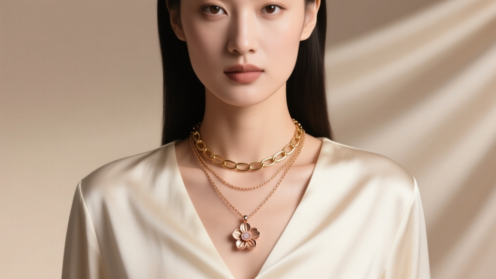 Woman wearing a layered stack with a 16-inch Stella Rose pendant and an 18-inch gold paperclip chain against a cream silk blouse