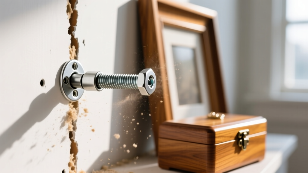 Close-up of a metal toggle bolt anchor being inserted into drywall to support a heavy oak picture frame jewelry box